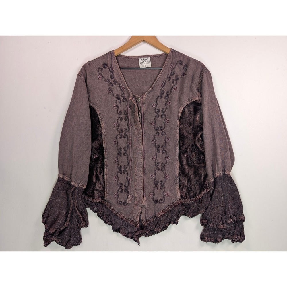 Cute Options Purple Velvet Lace Bell Sleeve Embroidered Boho Blouse Large